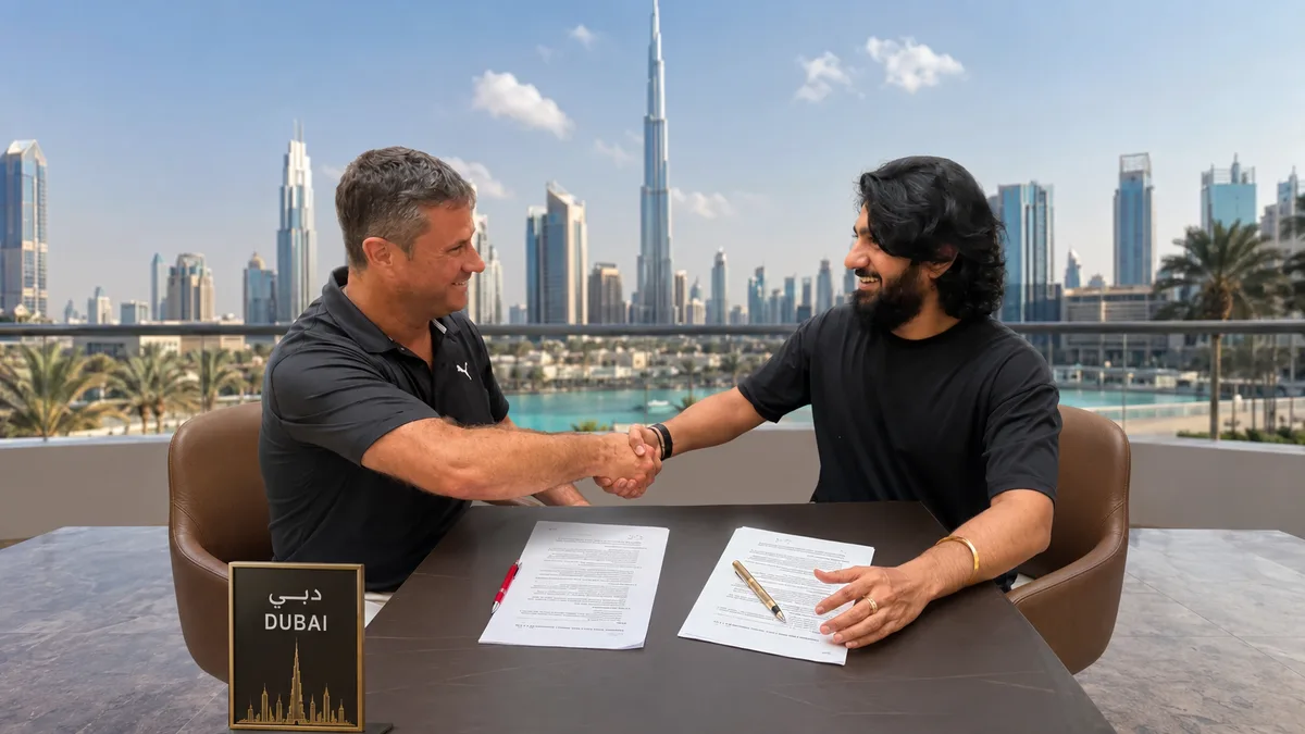Two men shaking hands over an agreement with the Dubai skyline behind them