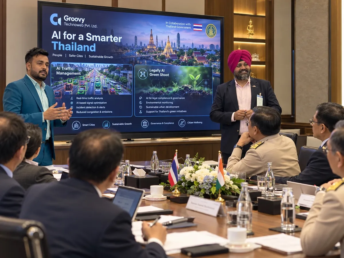 Presentation titled AI for a Smarter Thailand shown to a meeting room with two presenters