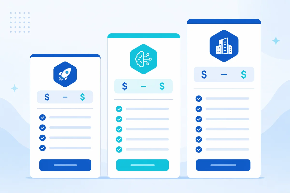 Three tiers of AI app development cost in the USA for 2026: Simple AI app $40K-$80K in 2-4 months, Mid-complexity AI app $80K-$180K in 4-7 months, Complex AI platform $180K-$300K+ in 7-12 months
