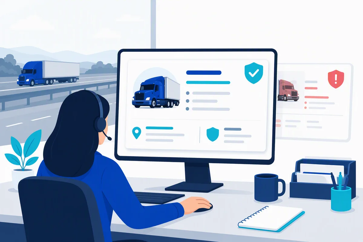 Freight broker dispatch desk with an AI carrier vetting screen showing a cleared carrier and a flagged carrier, illustrating automated fraud screening before a load is tendered