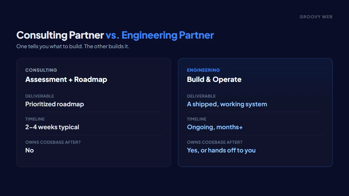AI consulting partner vs AI engineering partner: deliverable, engagement length, and who owns the codebase