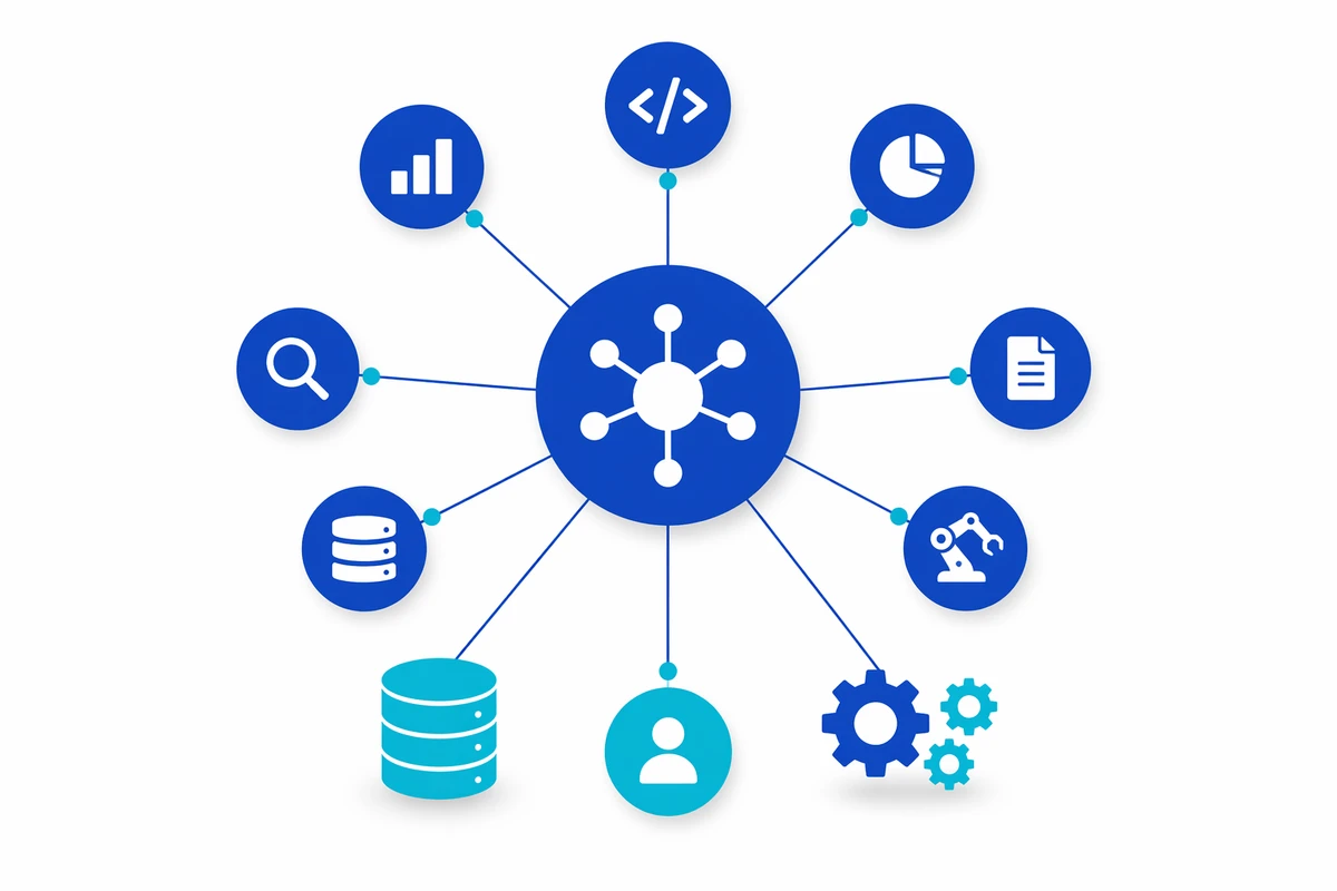 AI orchestration as a central coordinator hub directing multiple specialist agent nodes, tools, a memory store, and a human checkpoint