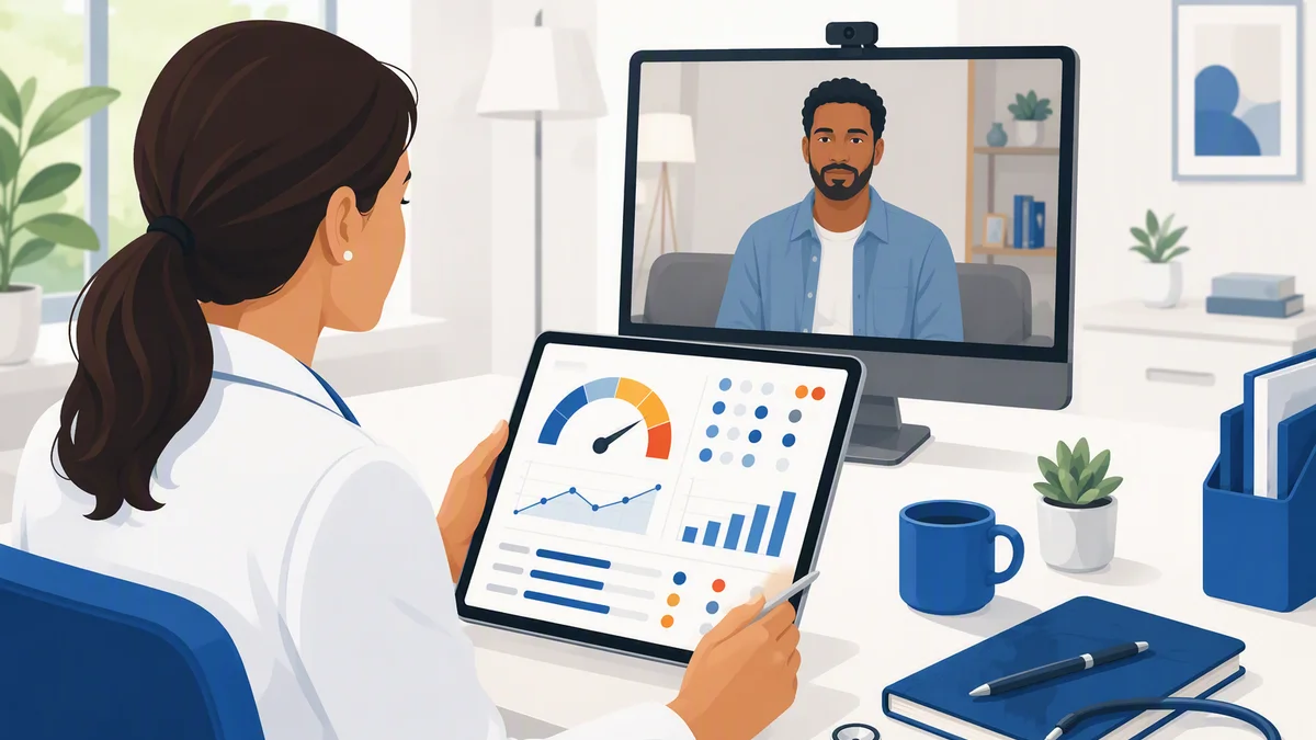 Clinician reviewing a patient risk-scoring dashboard during a telemedicine consultation