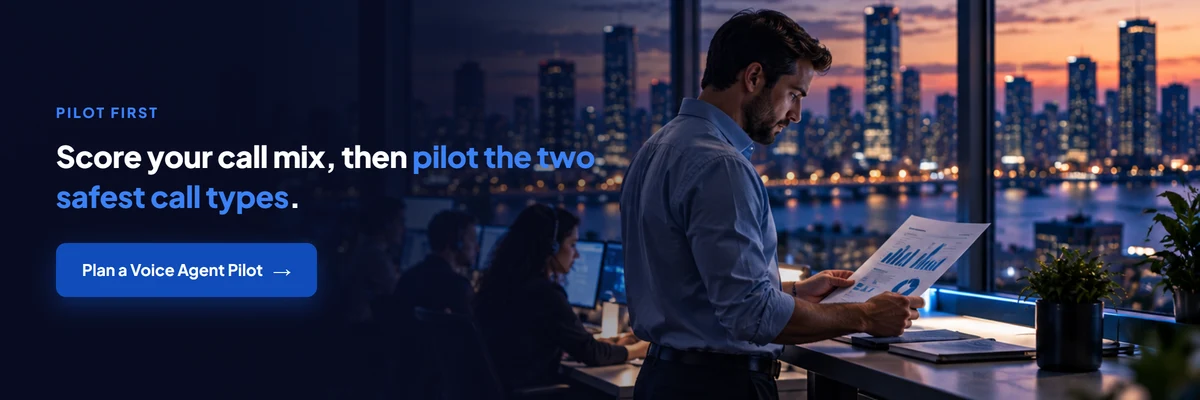Score your call mix and pilot the two safest call types first. Plan a voice agent pilot