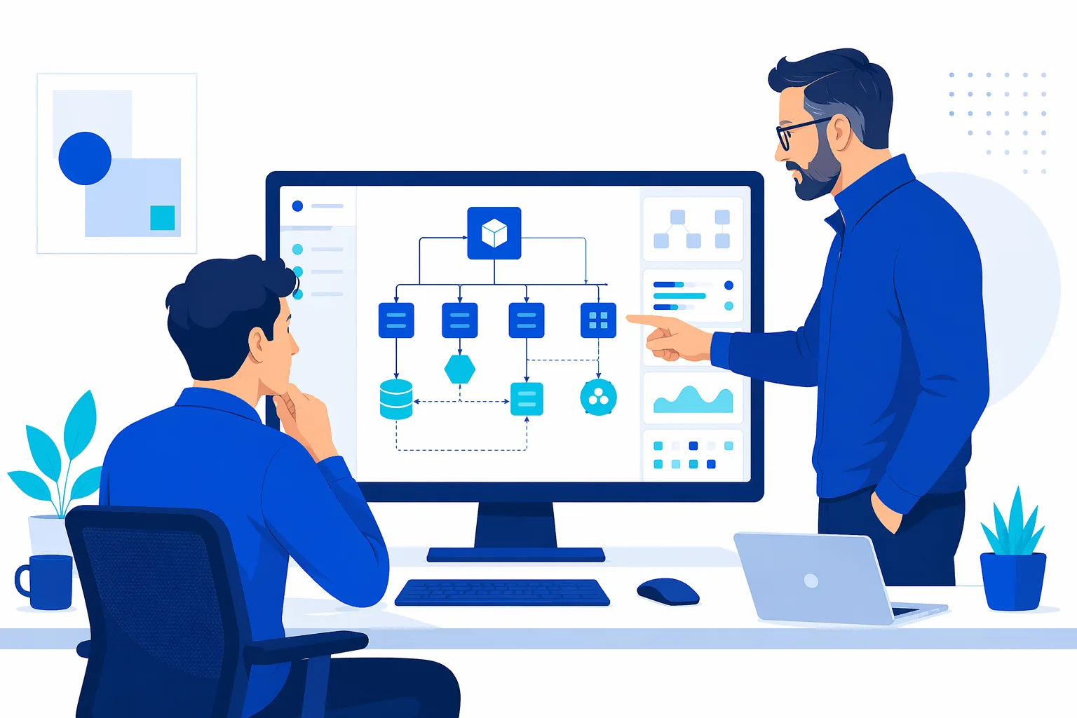 A startup founder and a senior engineering leader reviewing a software architecture diagram together on a monitor
