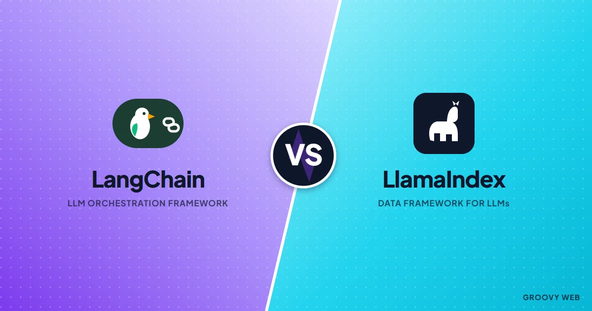 LangChain vs LlamaIndex 2026 comparison — LlamaIndex (RAG-first framework) versus LangChain (broad AI orchestration framework), split-panel visual with both framework logos