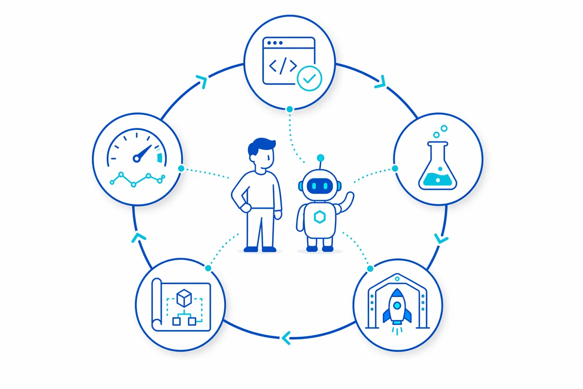 AI agents embedded inside the software development lifecycle loop — owning code review, test generation, deployment gating, architecture, and monitoring alongside human engineers
