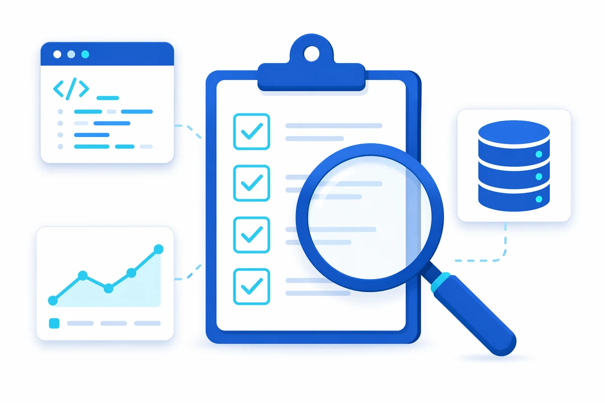 Vetting an AI-First engineering vendor with real artifacts — a magnifying glass over a checklist beside production artifact cards: a code window, a metrics chart, and a database