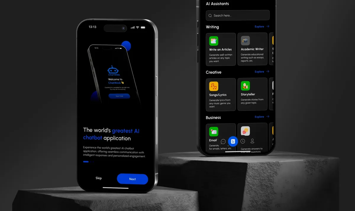 ChatMind AI assistant app: onboarding screen and AI assistants screen on two phones