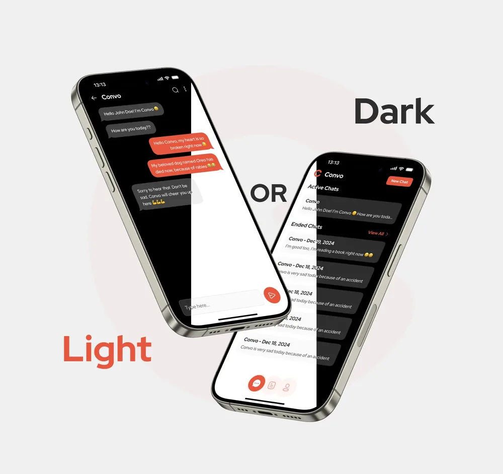 Convo AI chatbot app shown in light and dark modes on two phones