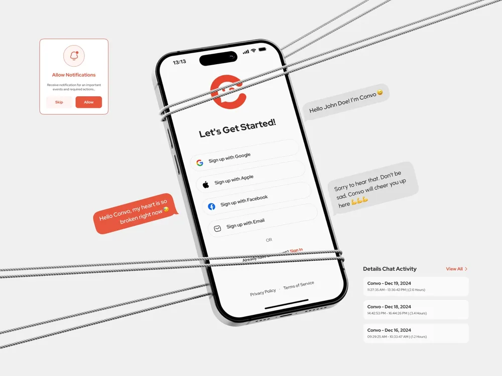 Convo sign-in and notification screens on a phone