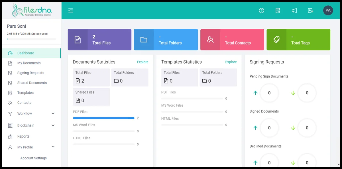 FilesDNA web dashboard with document, template and signing statistics
