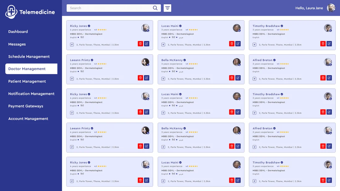 Telemedicine doctor management dashboard with doctor profiles, ratings and availability