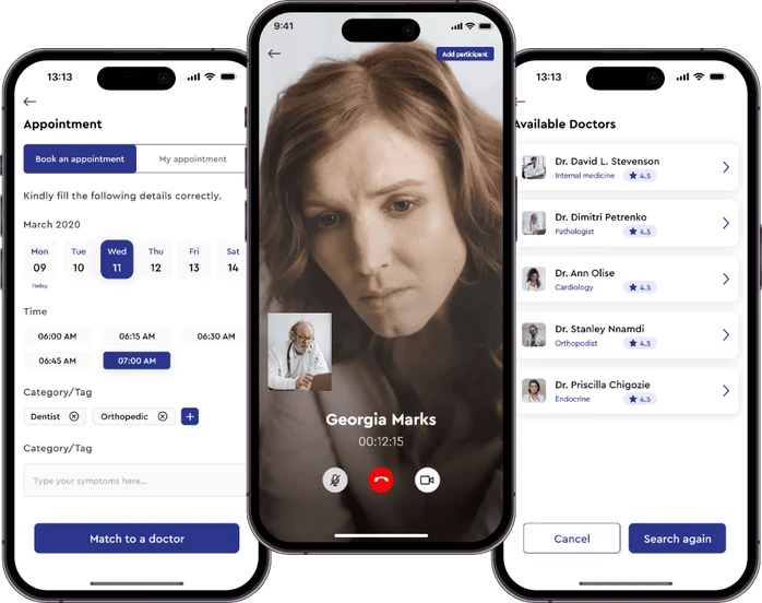 Telemedicine patient app screens: appointment booking, video consultation and available doctors on three phones