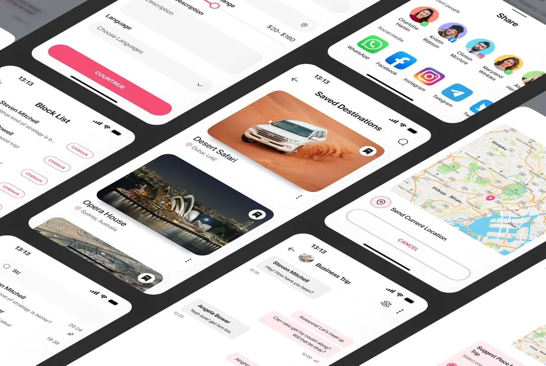 TrekPilot app screens for booking, groups and destinations in an isometric layout