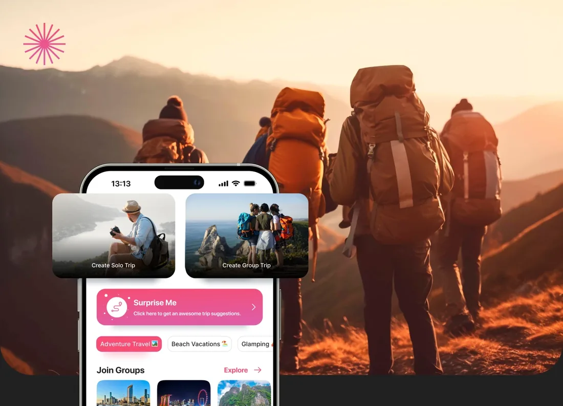 TrekPilot AI trip planner home screen with Surprise Me suggestions on a phone