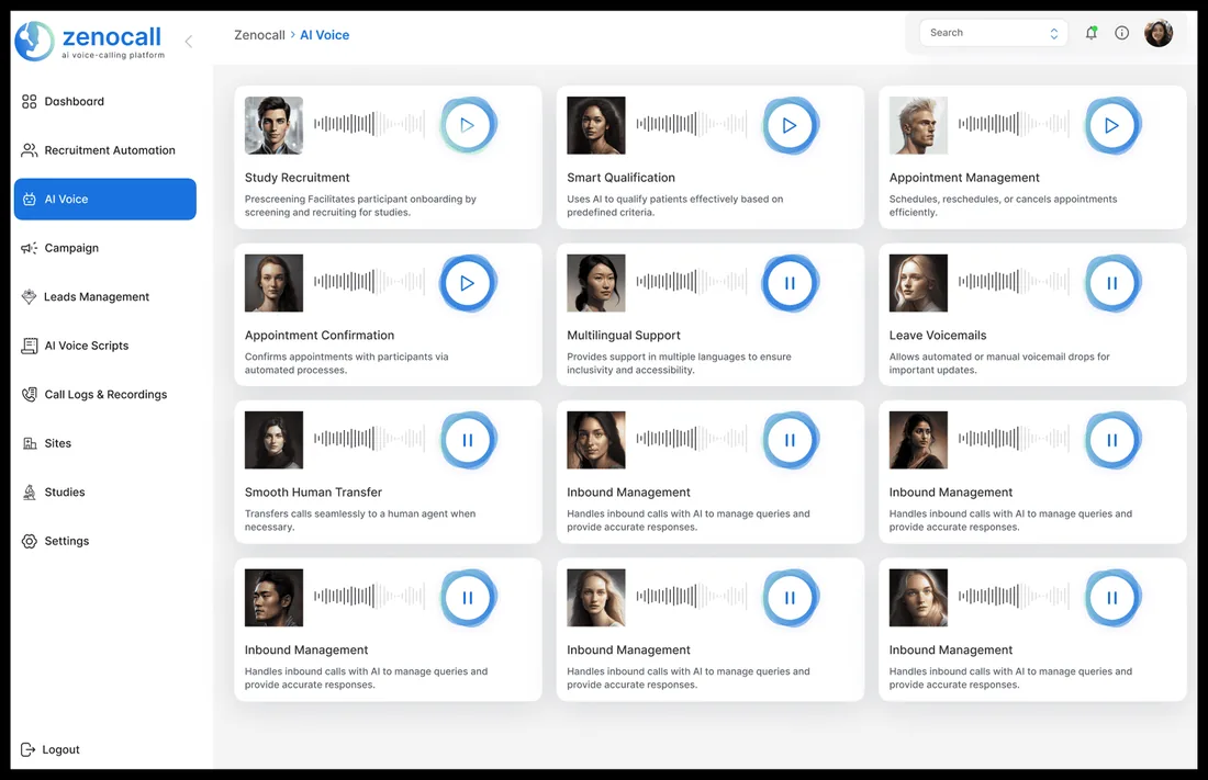 ZenoCall AI voice agent library with voice personas for recruitment, qualification and appointment calls